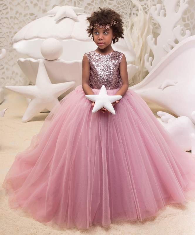 Rose Pink Sequin Tulle Lace Tulle Flower Girl Dress Party Dress