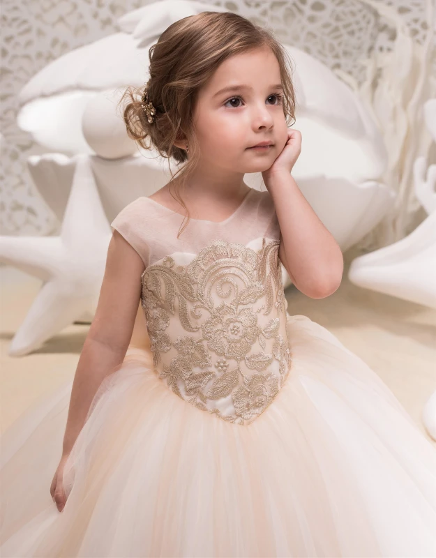 Light Champagne Lace Tulle Flower Girl Dress Party Dress