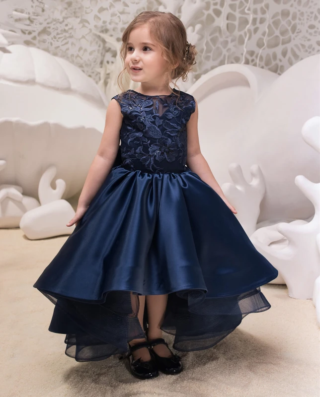 Free Shipping Navy Blue Satin Tulle Lace Tulle Flower Girl Dress Party Dress