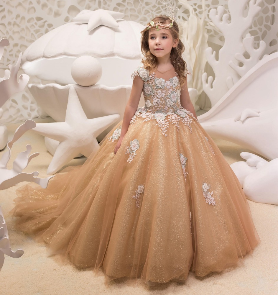 Gold Lace Tulle Flower Girl Dress Party Dress