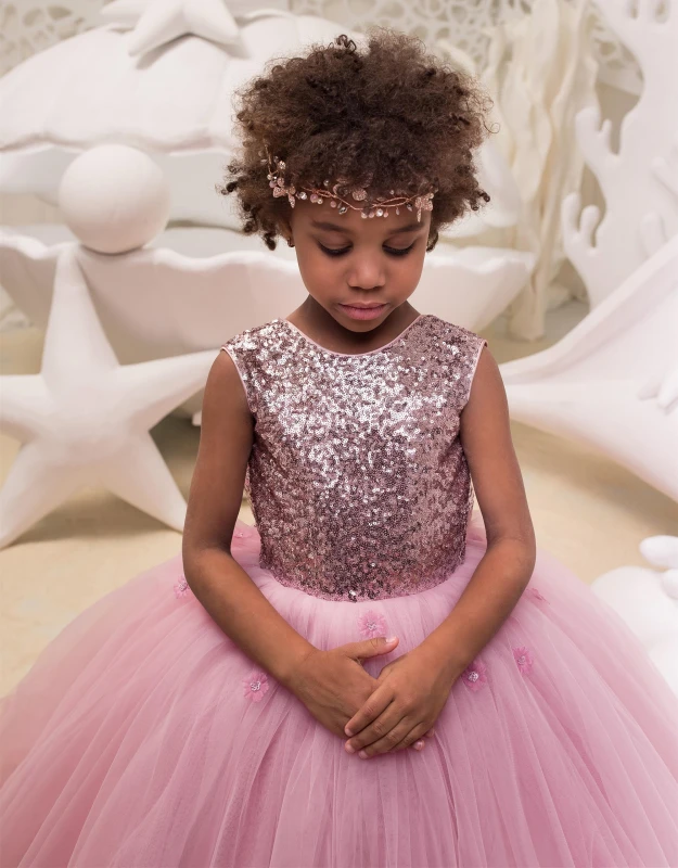 Rose Pink Sequin Tulle Lace Tulle Flower Girl Dress Party Dress