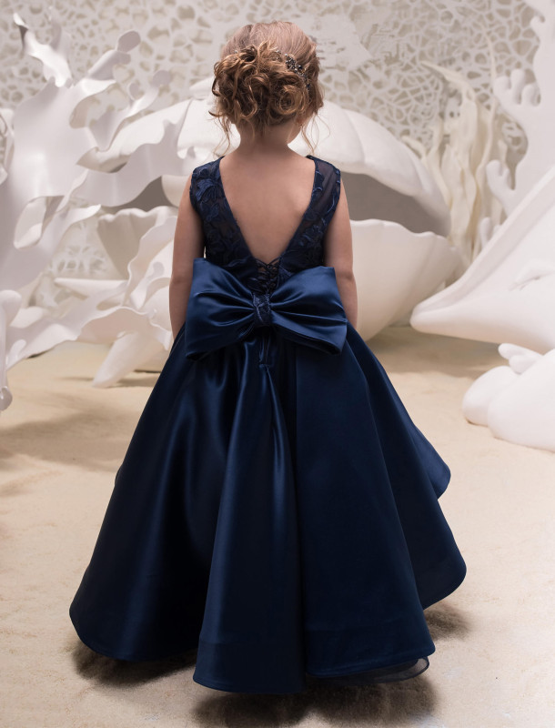 Free Shipping Navy Blue Satin Tulle Lace Tulle Flower Girl Dress Party Dress
