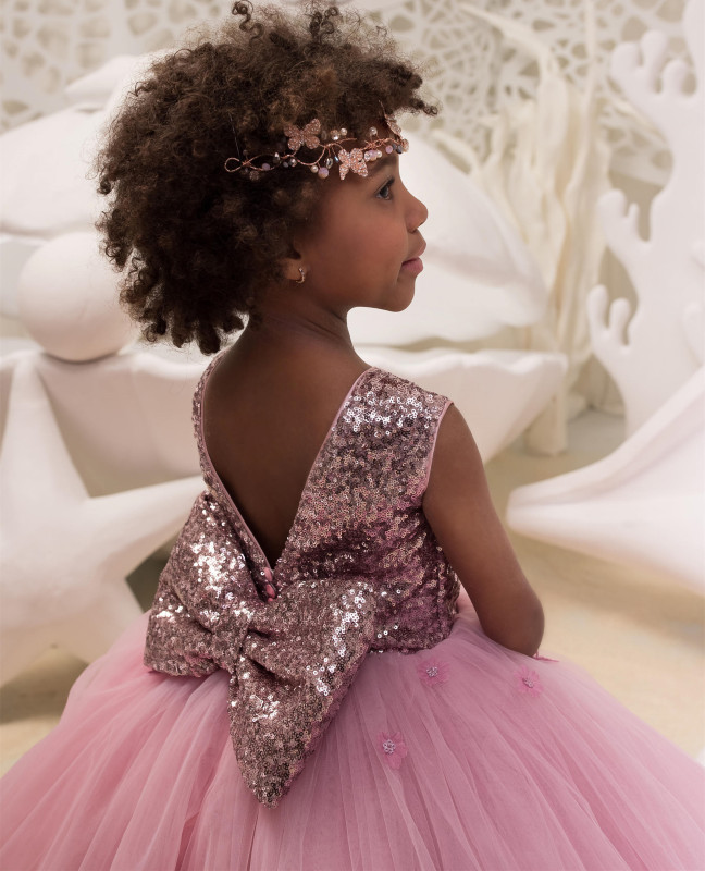 Rose Pink Sequin Tulle Lace Tulle Flower Girl Dress Party Dress