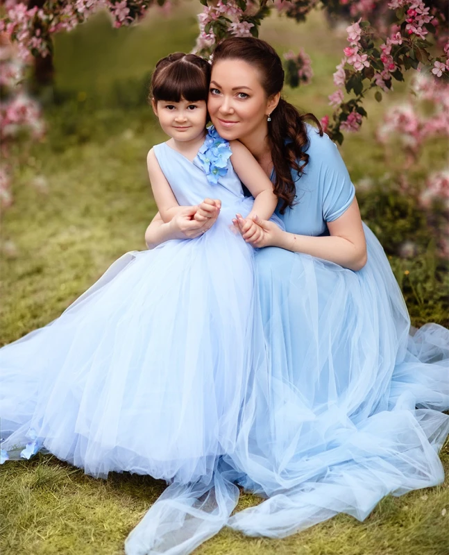 Light Blue Short Train Mother And Kids Parenting Dress Prom Dress