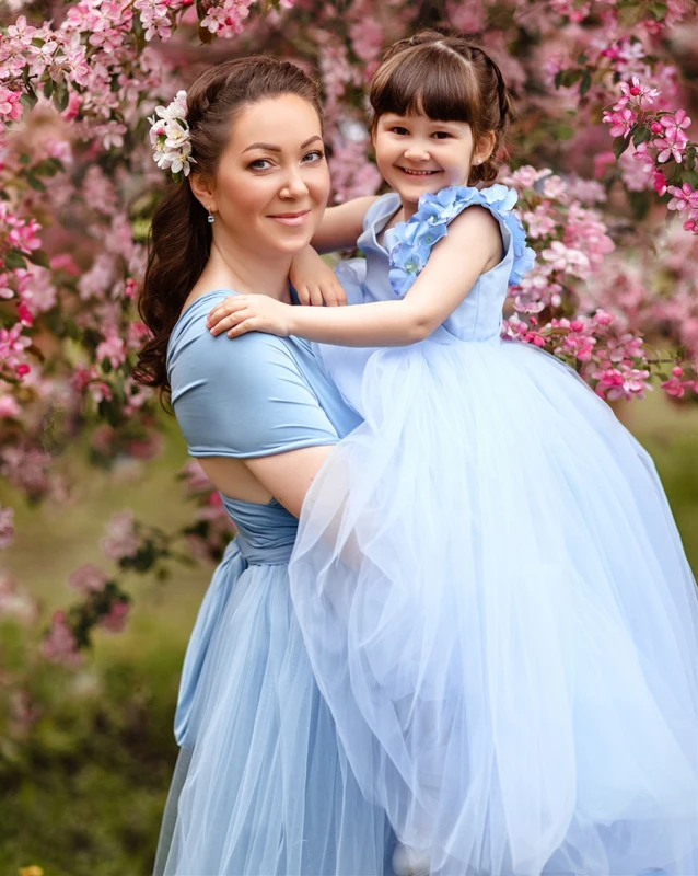 Light Blue Short Train Mother And Kids Parenting Dress Prom Dress