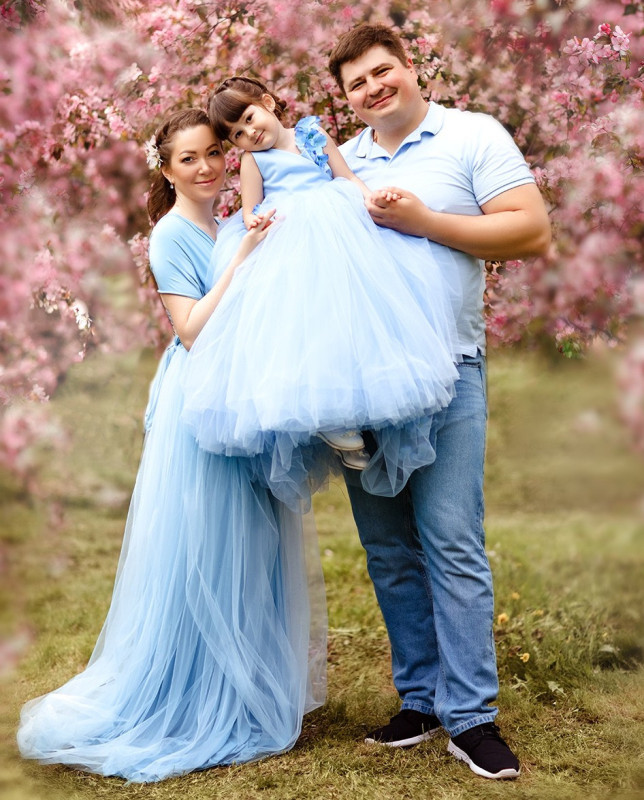 Light Blue Short Train Mother And Kids Parenting Dress Prom Dress