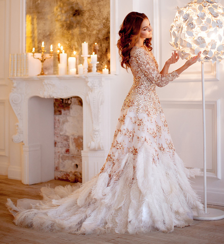 Lace Feather Long Train Bridal Gown Wedding Dress