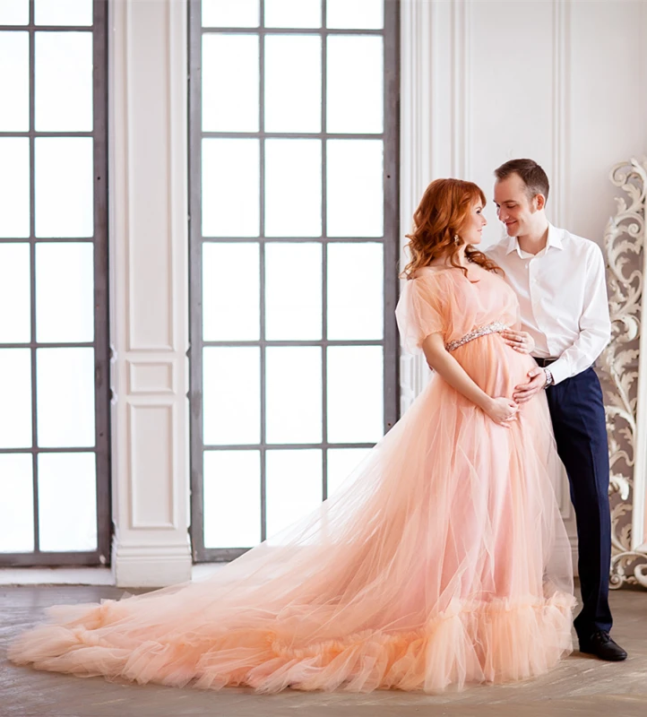 Peach Lace Tulle Maternity Sexy Prom Dress Pregnant Dress