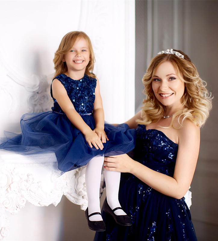 Navy Blue Mother And Kids Dress Prom Dress