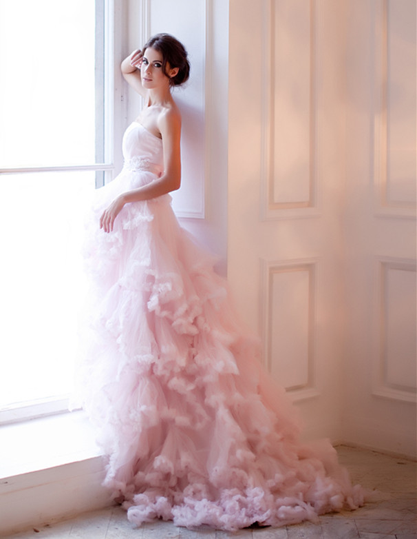 Light Pink Satin Tulle Long Train Prom Dress Wedding Dress