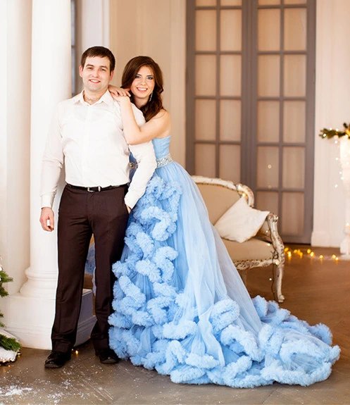 Blue Mother And Kids Dress Wedding Dress