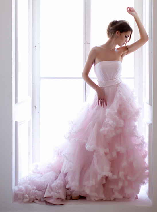 Light Pink Satin Tulle Long Train Prom Dress Wedding Dress