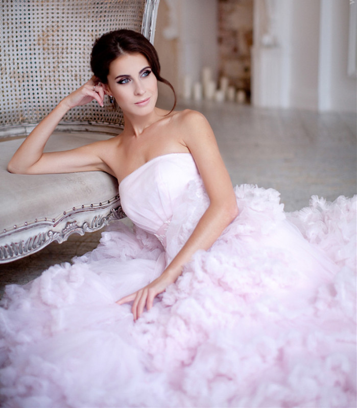 Light Pink Satin Tulle Long Train Prom Dress Wedding Dress