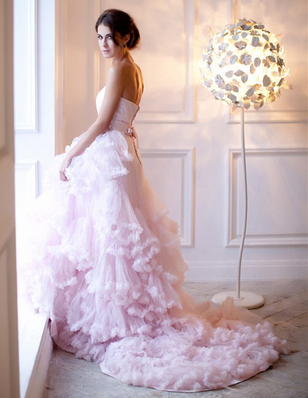 Light Pink Satin Tulle Long Train Prom Dress Wedding Dress