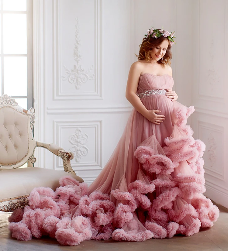 Mauve Tulle Long Train Rufflw Skirt  Maternity Sexy Prom Dress