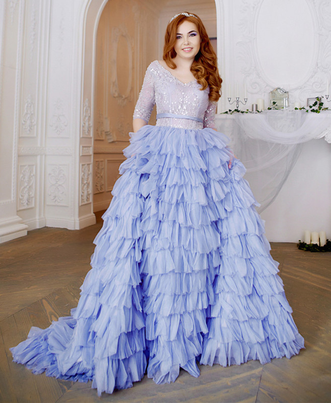 Lavender Sequin Tulle Long Train Prom Dress Wedding Dress