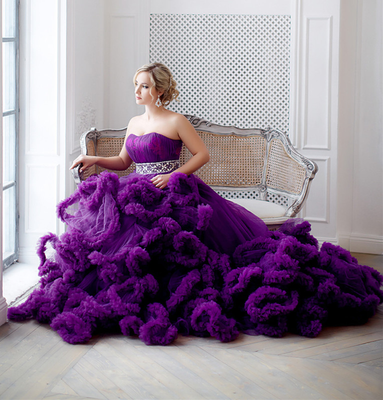 Purple Tulle Long Train Prom Dress Wedding Dress