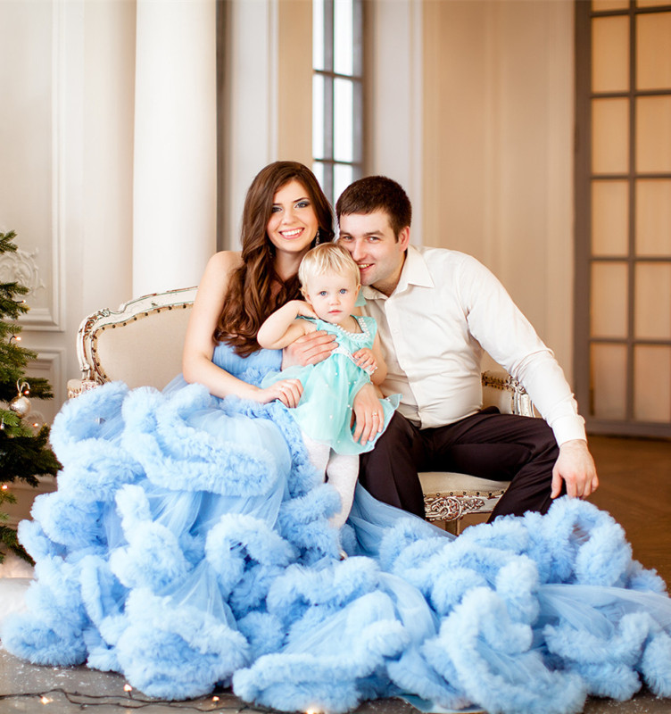 Blue Mother And Kids Dress Wedding Dress