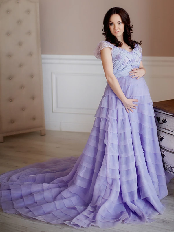 Lavender Organza Lace Maternity Sexy Prom Dress Pregnant Dress