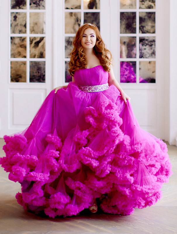 Rose Pink Tulle Long Train Prom Dress Wedding Dress