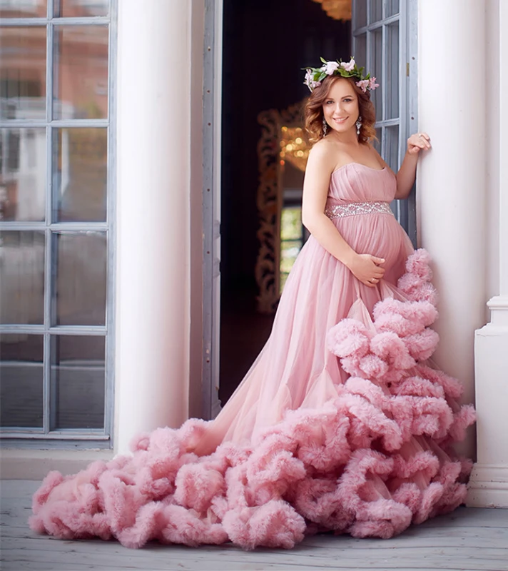 Mauve Tulle Long Train Rufflw Skirt  Maternity Sexy Prom Dress