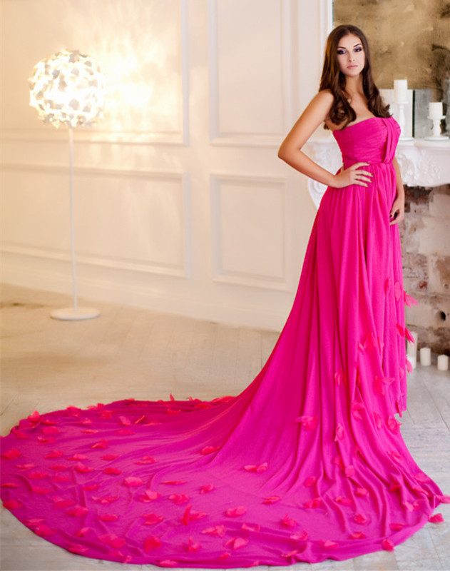 Rose Pink Chiffon Long Train Prom Dress Wedding Dress