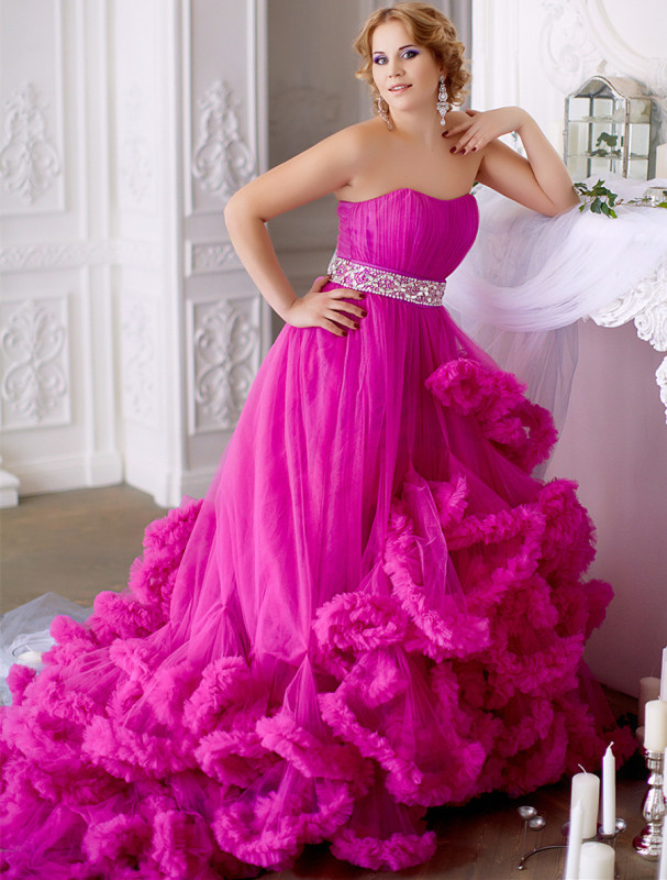 Rose Pink Tulle Long Train Prom Dress Wedding Dress