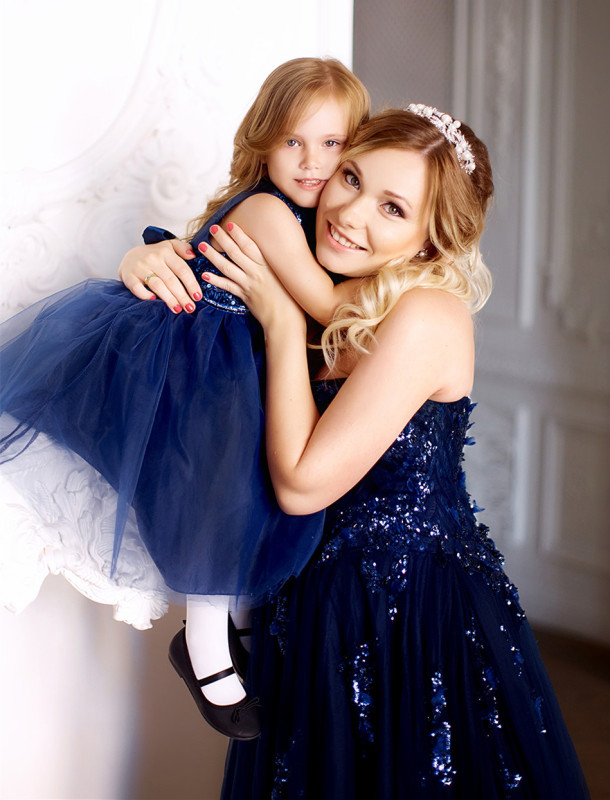 Navy Blue Mother And Kids Dress Prom Dress