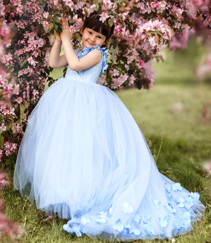 Blue Satin Tulle Flower Girl Dress Party Dress