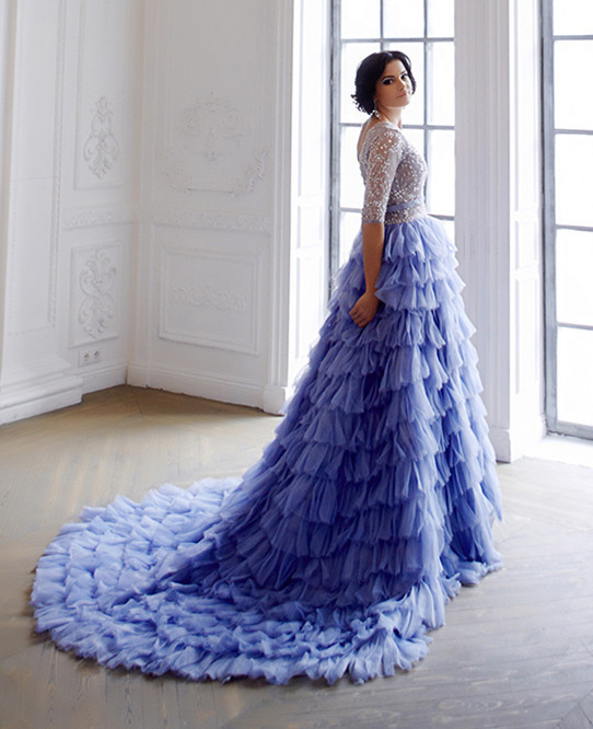 Lavender Sequin Tulle Long Train Prom Dress Wedding Dress