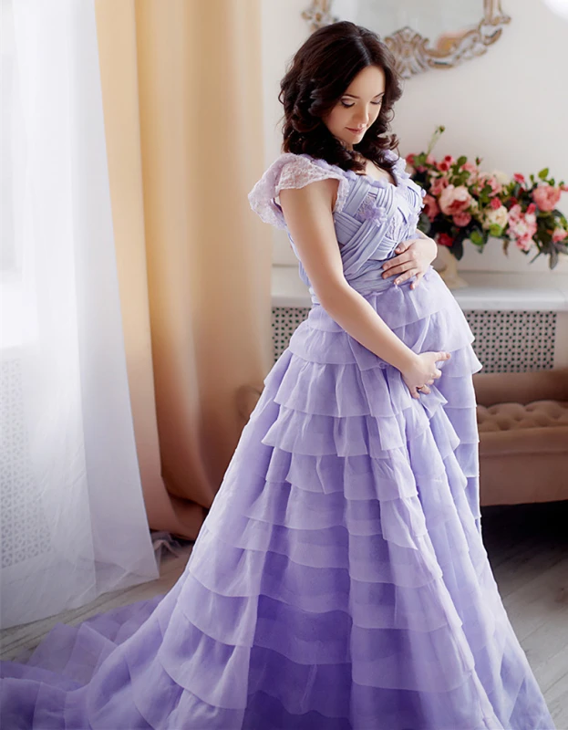 Lavender Organza Lace Maternity Sexy Prom Dress Pregnant Dress