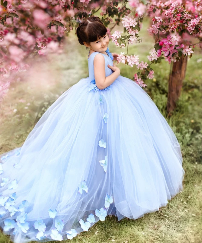 Blue Satin Tulle Flower Girl Dress Party Dress