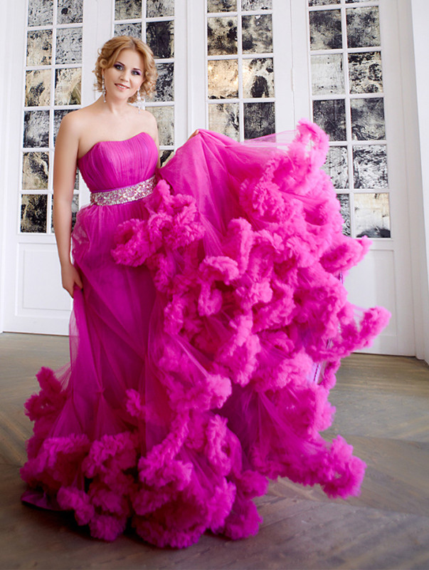 Rose Pink Tulle Long Train Prom Dress Wedding Dress