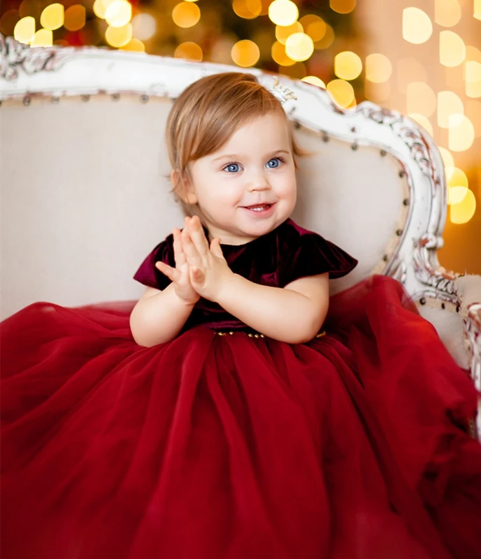 Red Velvet Tulle Flower Girl Dress Party Dress