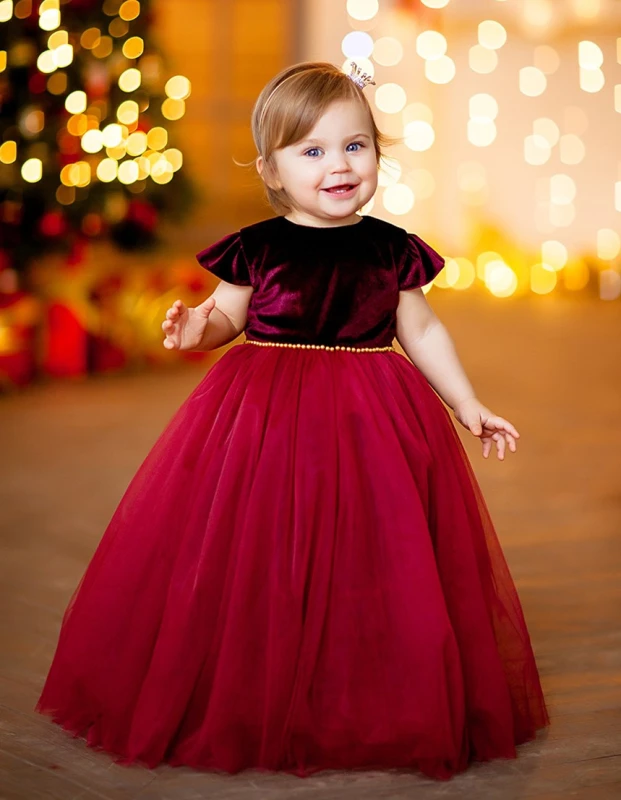 Red Velvet Tulle Flower Girl Dress Party Dress