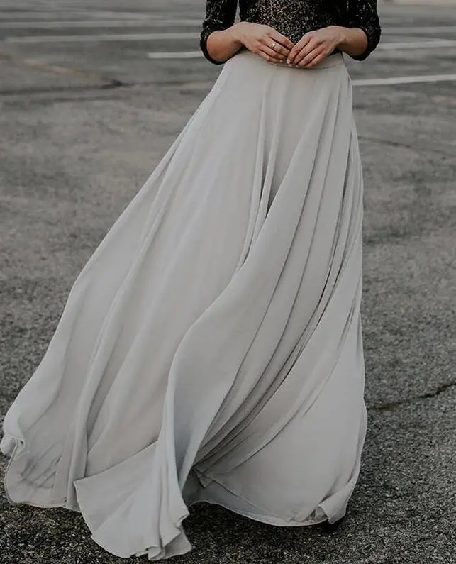 Grey Chiffon Maxi Skirt Short Train Chiffon Skirt