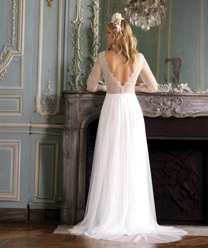 Vback Ivory Lace Tulle Short Train Bridal Gown Wedding Dress