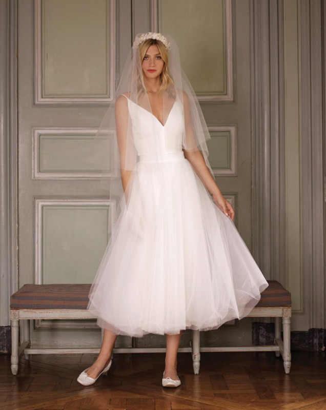 Vneck Ivory Satin Tulle Tea Length Bridal Gown Wedding Dress