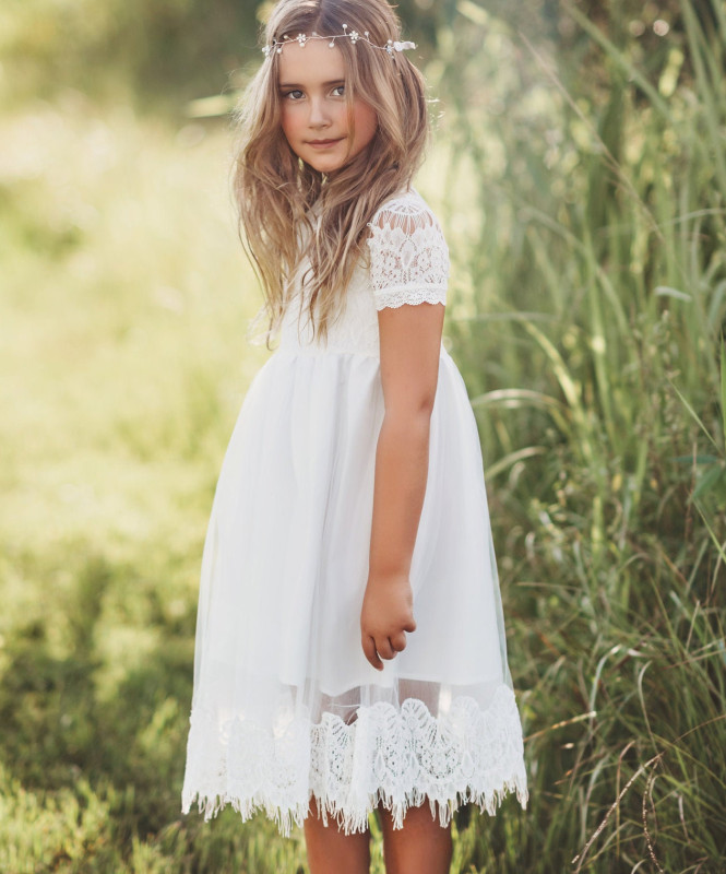 Ivory Lace Tulle Knee Length Flower Girl Dress Party Dress