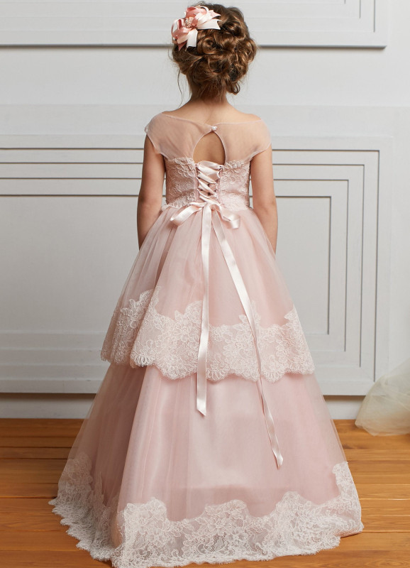 Pink Lace Organza Short Train Flower Girl Dress Party Dress