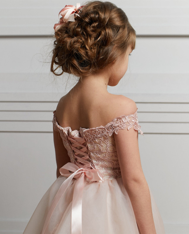 Blush Pink Lace Tulle Full Length Flower Girl Dress Party Dress