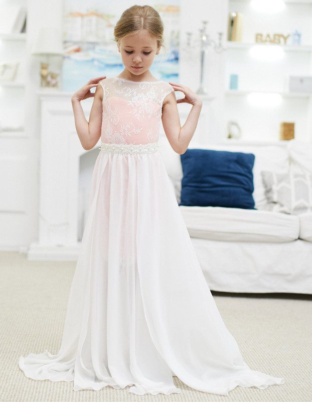 Two Pieces Pink Lace Chiffon Short Train Flower Girl Dress Party Dress