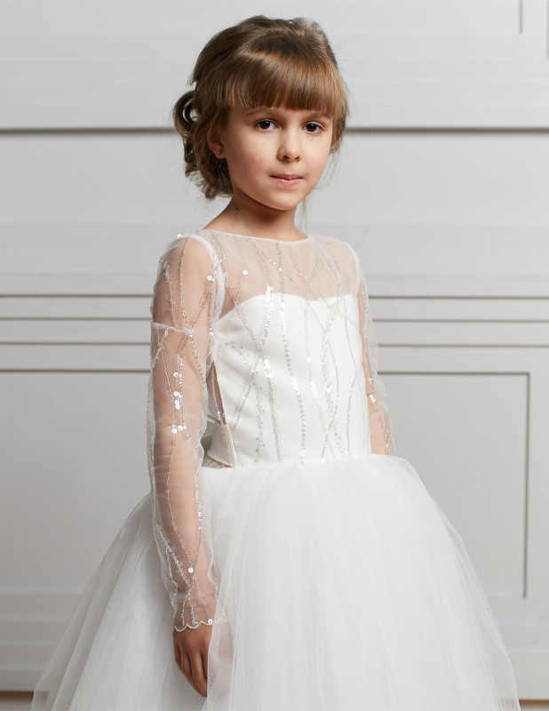 Ivory Sequin Tulle Full Length Flower Girl Dress Party Dress