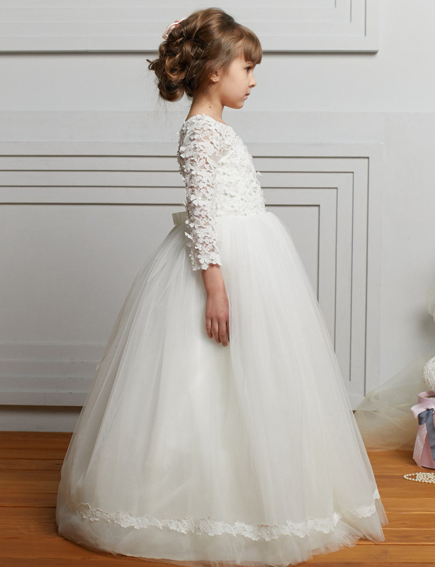 Ivory Lace Tulle Full Length Flower Girl Dress Party Dress