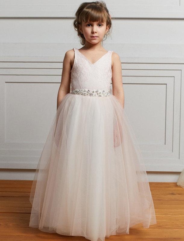 Blush Pink Lace Tulle Short Train Flower Girl Dress Party Dress
