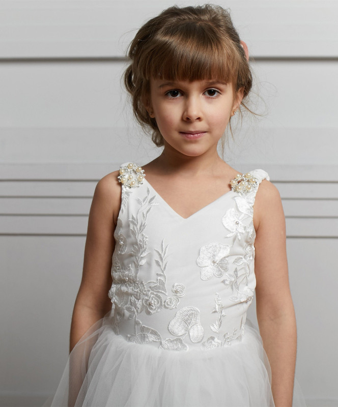 Ivory Lace Tulle Short Train Flower Girl Dress Party Dress