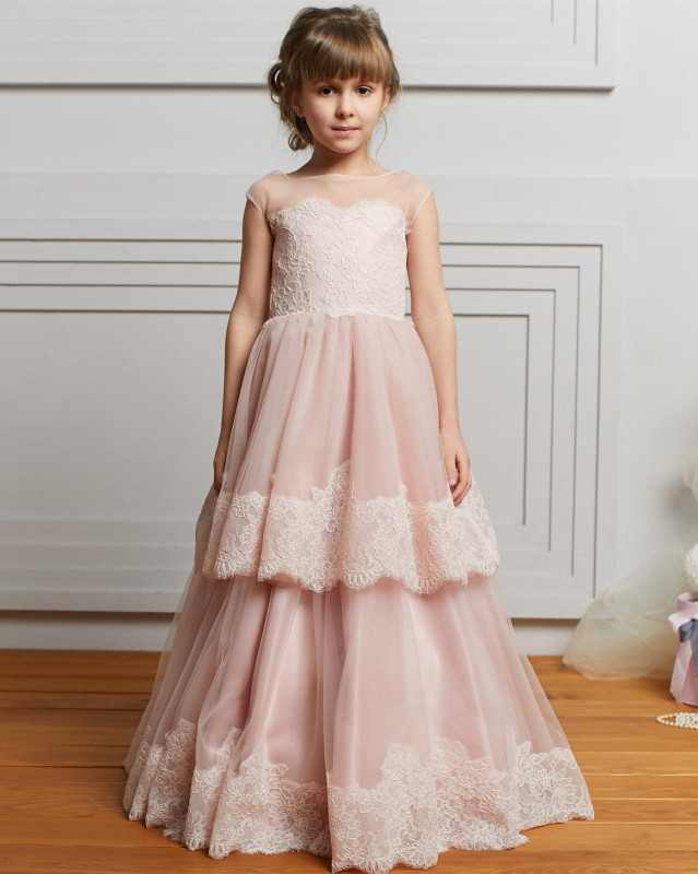 Pink Lace Organza Short Train Flower Girl Dress Party Dress