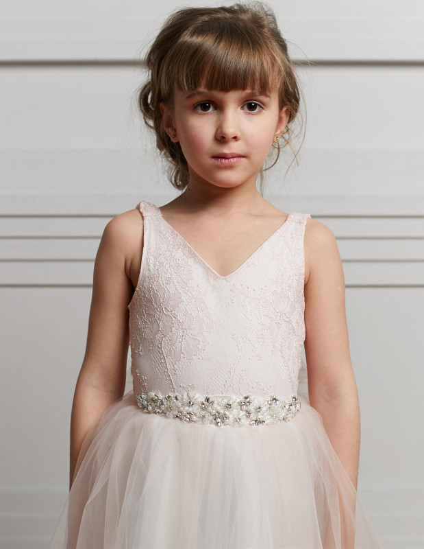 Blush Pink Lace Tulle Short Train Flower Girl Dress Party Dress