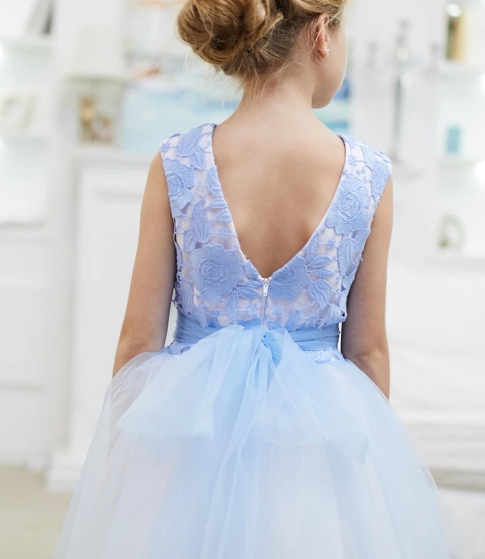 Blue Lace Tulle Knee Length Flower Girl Dress Party Dress