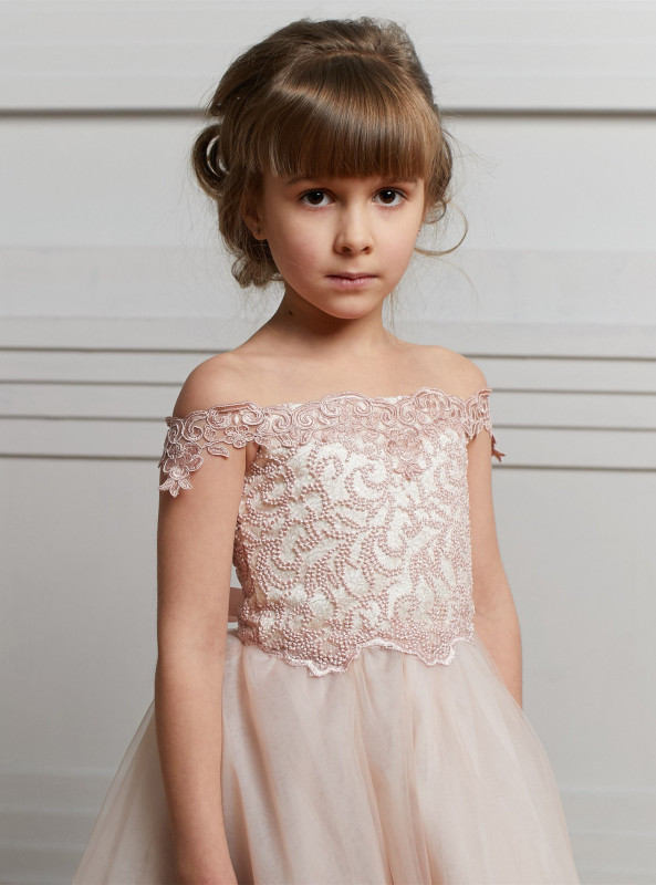 Blush Pink Lace Tulle Full Length Flower Girl Dress Party Dress